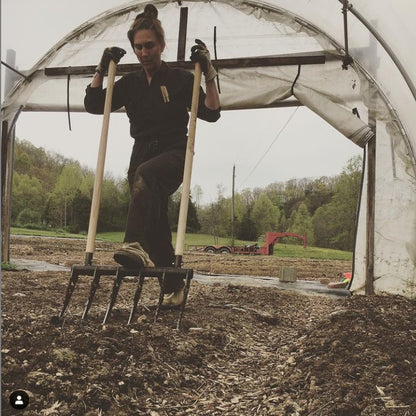 The 6 tine Square Foot Gardener Treadlite Broadfork with the oil based natural coating prepping the soil at Harvest Table Farm, an certified naturally grown microfarm in Southern Appalachia