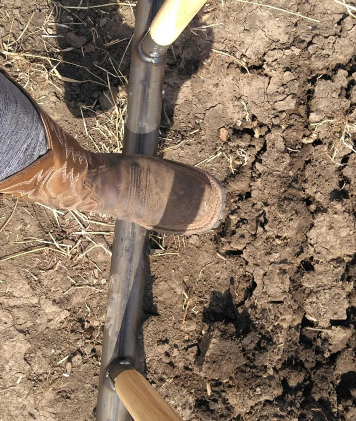 The 30 inch wide Market Gardener Treadlite Broadfork with the oil based natural coating finish working to cultivate compacted soil for planting