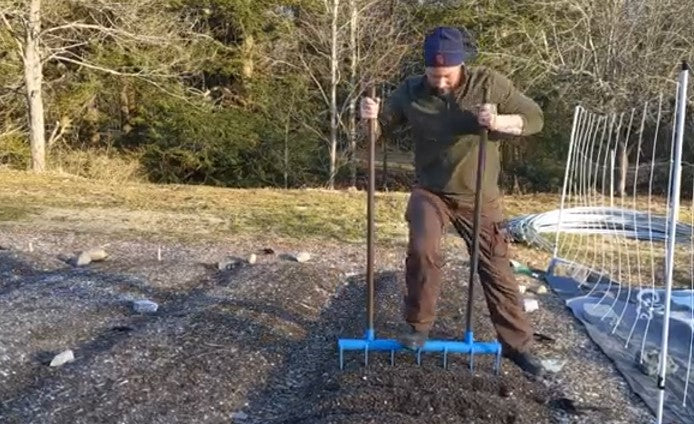 The 7 tine Market Gardener Treadlite Broadfork is cultivating the soil in a single pass at Better Together Acres Farm